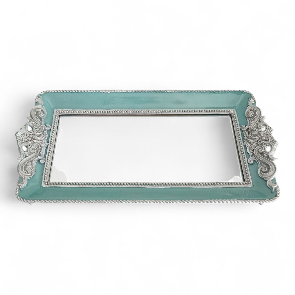 Silver & Turquoise Mirrored Jewelry Makeup Tray